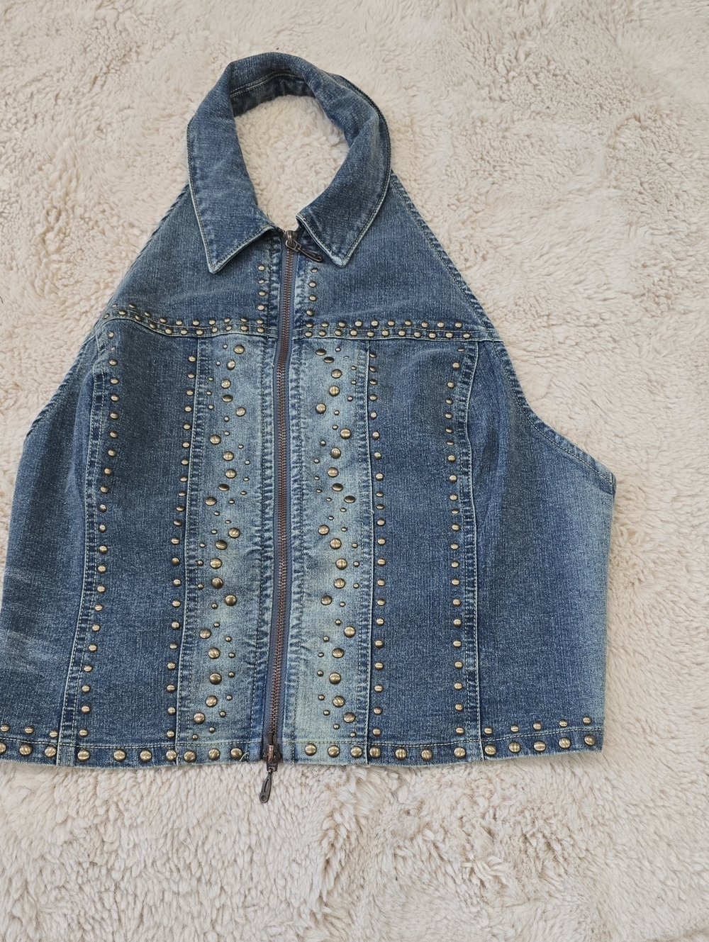 Denim Studded Halter Zip-Up Top - Blue